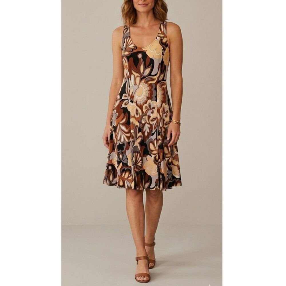 BARBARA LESSER 70s Abstract Floral A-Line Dress Sz M Knee-Length X-Back Brown